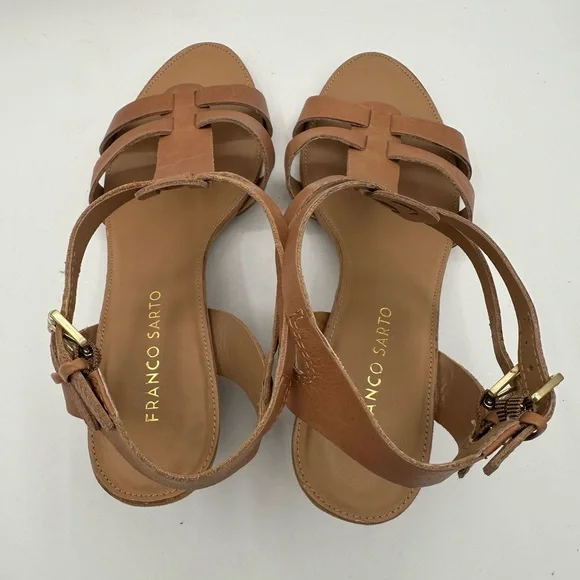 FRANCO SARTO Tan Leather ‘Dare’ Sandal Wedges | Size 8.5 - Picture 7 of 14